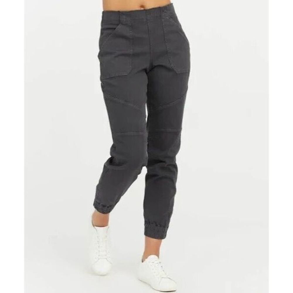 Spanx Women's Twill Cargo Jogger Washed Black L High Rise Stretch Pull On Pants